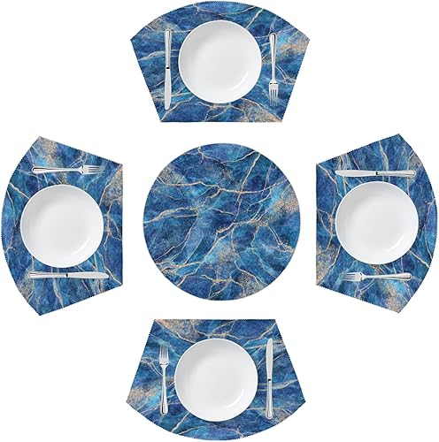 Juego de 5 manteles individuales de mesa redonda con textura de mármol azul, lavables, resistentes al calor, para decoración de cocina, restaurante