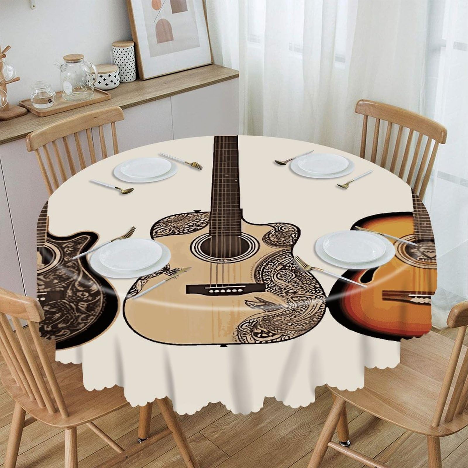 Btcowzrv Style Guitar Polyester Round Tablecloth 59.84 Inch, Decorative Washable Table Cover, Table Cloth For Restaurant Picnic Indoor And Outdoor Dining