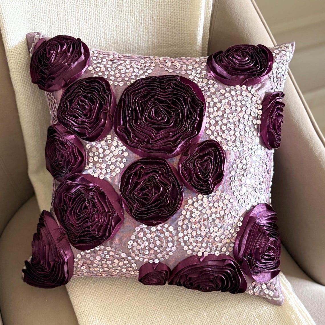 The HomeCentric Pillow Covers, Decorative Plum Throw Pillow Covers 16x16 inch (40x40 cm) Silk Throw Pillows for Couch, Nature & Floral, Ribbon Embroidery, Sequins Embellished - Wine and Roses