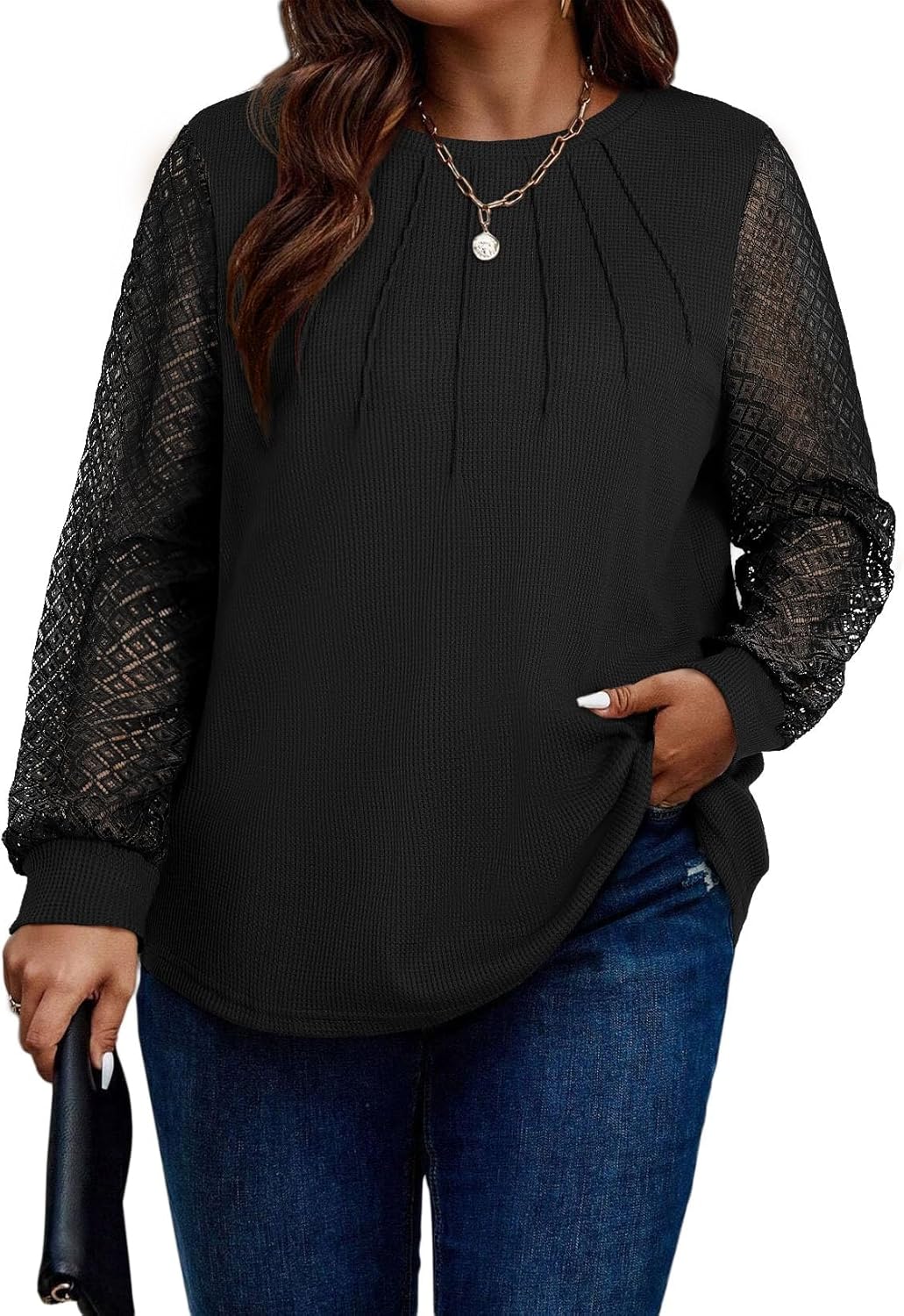 Eytino Womens Plus Size Tops Lace Long Sleeve Waffle T Shirts Casual Crewneck Tunic Tops(1X-5X)