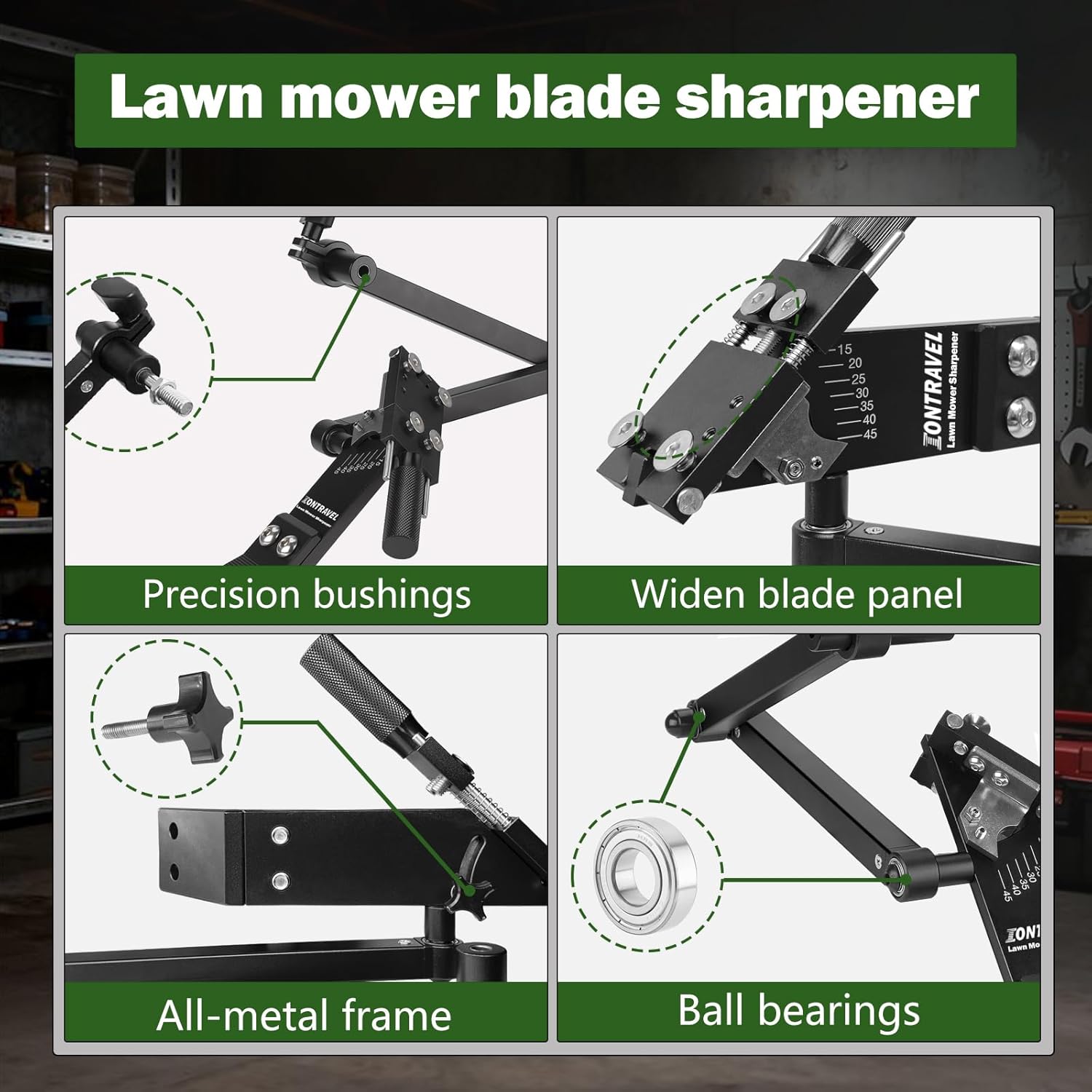 Upgraded Lawn Mower Blade Sharpener with Ball Bearing Handle and 15°-45° Adjustable Frame, for Straight & Standard Lawn Mower Blades,Lawnmower Blade Sharpener Kit with Metal Blade Balancer,5005,Black