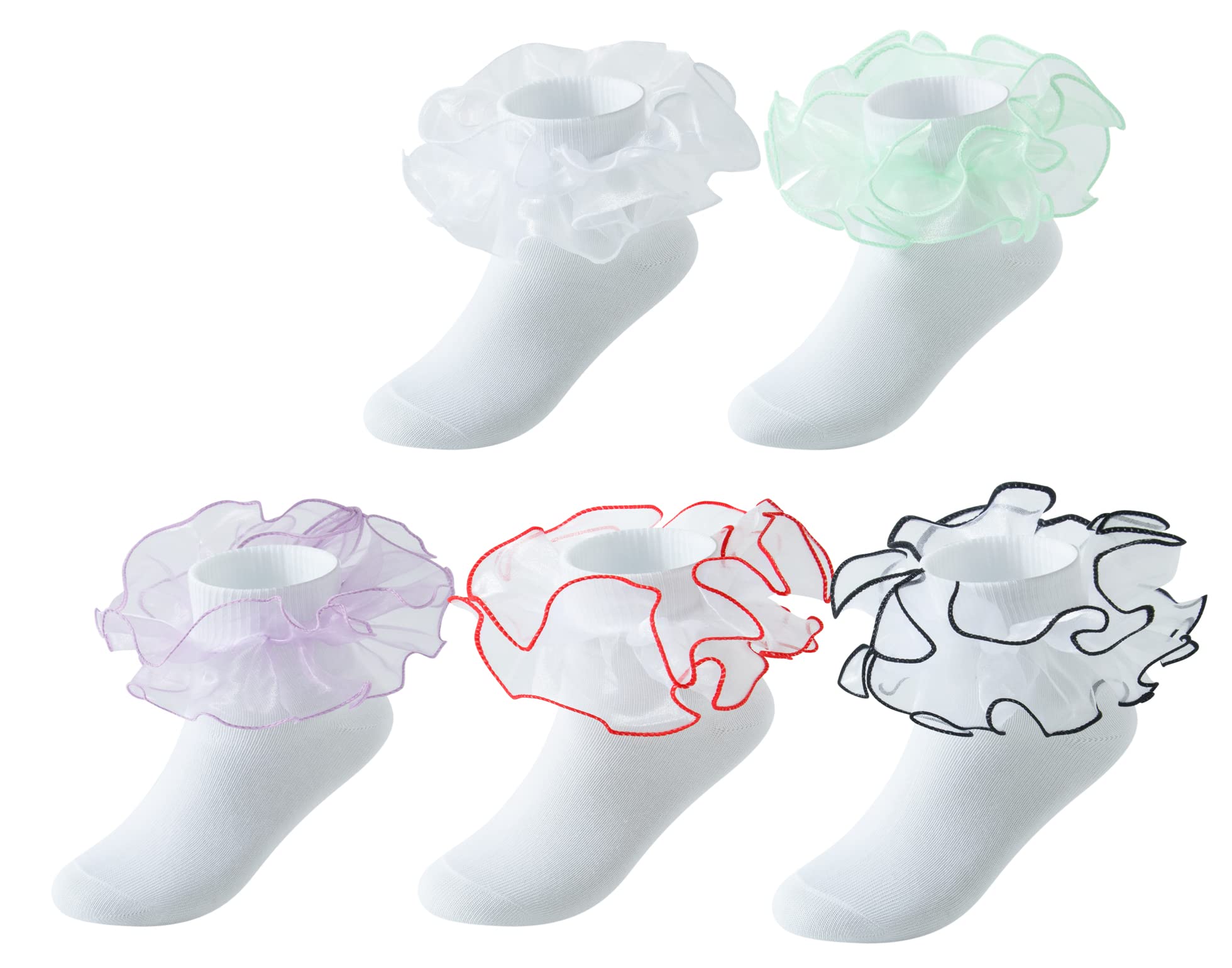 Eradria Little Girls 5 Pairs Multi-color Cotton Ruffle Frilly Lace Socks,Big Double Ruffle Ankle Socks Princess Dress Socks (X-Large, TYPE2)
