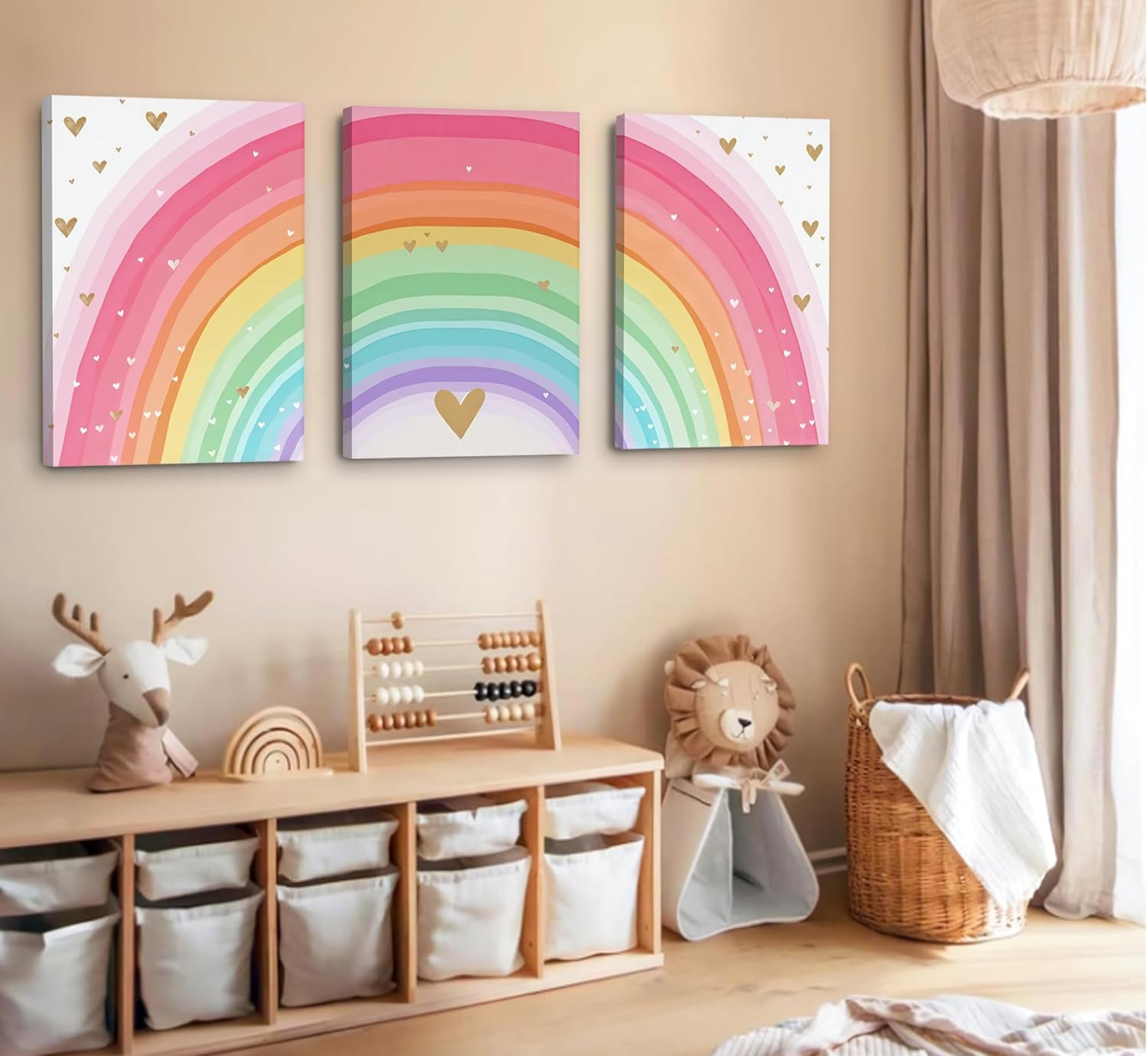 Girls Rainbow Canvas Wall Art Set of 3, Colorful Nursery Wall Decor Painting, Kids Heart Picture Poster Prints for Classroom Kids Room Baby Room Bedroom Dorm Home Decoration 12x16in