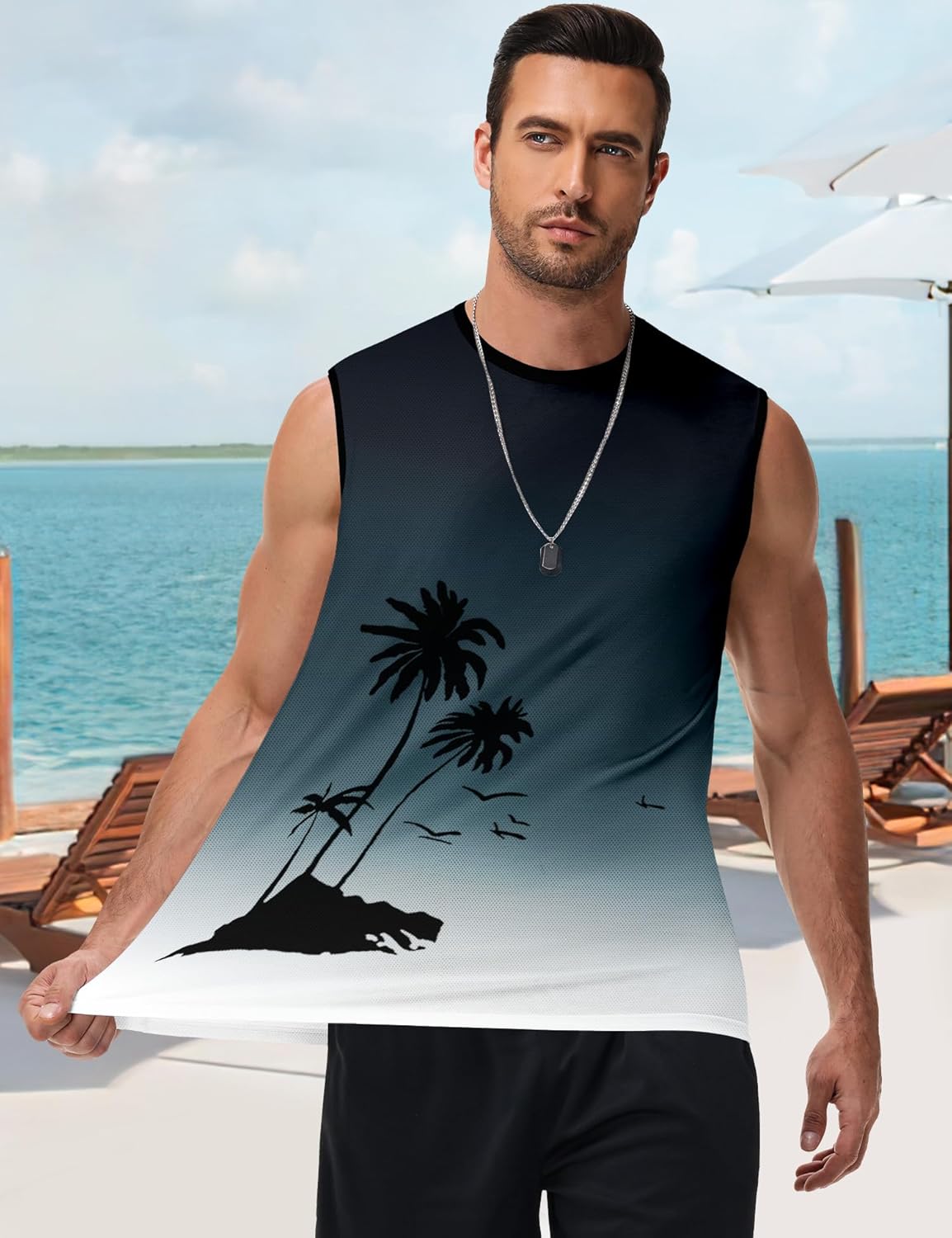 Quick Dry Shirts for Men Summer Sleeveless Graphic Tank Tops Beach Vacation Hawaiian Tee Shirts Black XL - Image 4