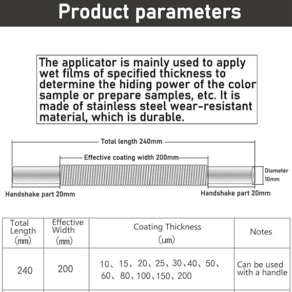 Wire Bar Wet Film Applicator, Handheld Ink Scraping Tool, with Metal Handle, Length 240mm, Multiple Thickness Options (10-200m), for Lab Precision Coatings, Varnishes, Glue, Paint