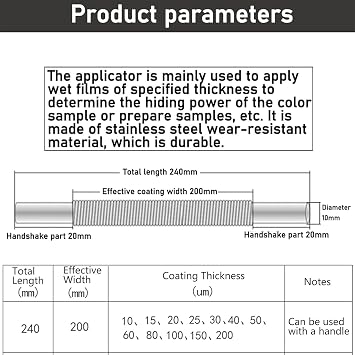 Wire Bar Wet Film Applicator, Handheld Ink Scraping Tool, with Metal Handle, Length 240mm, Multiple Thickness Options (10-200m), for Lab Precision Coatings, Varnishes, Glue, Paint
