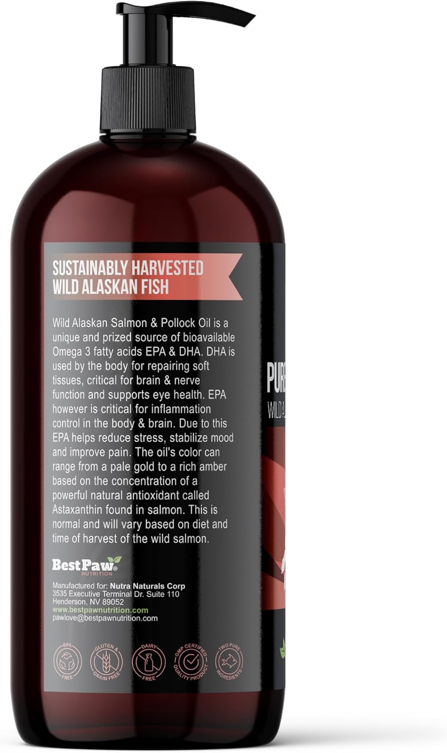 Best Paw Nutrition Wild Alaskan Salmon & Pollock Oil for Dogs & Cats - Fish Oil Liquid Pump with Omega 3 EPA DHA - Skin & Coat Supplement - Supports Joint Function & Wellness - 32 oz
