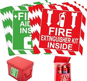 Green First Aid Kit Inside Red Fire Extinguisher Inside Stickers 4 Inch Safety Sign-Adhesive First Aid Kit Sign Decals UV Resistant 8 Pcs Industrial Safety Warning Decal for Trucks or Equipment