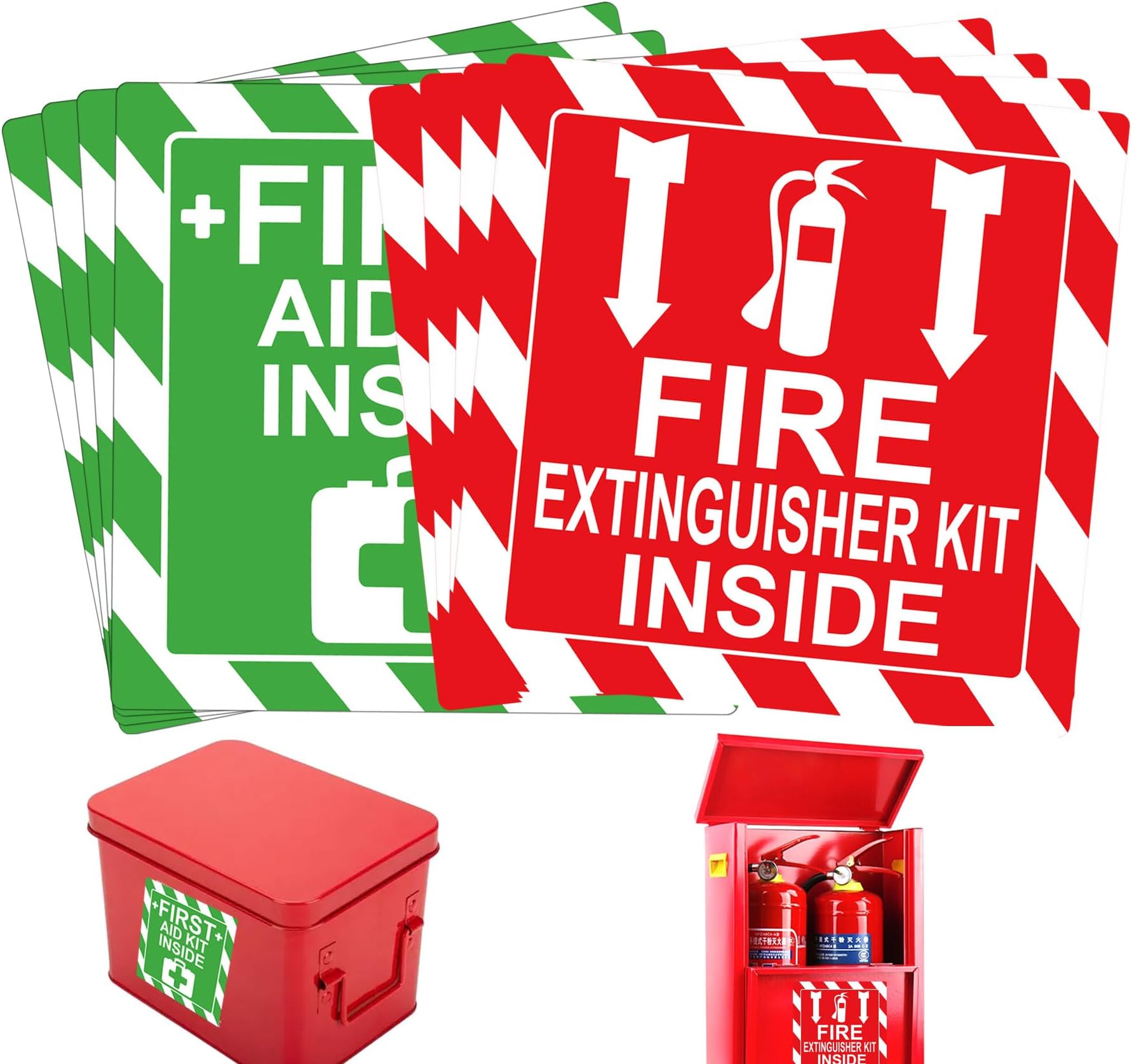 Green First Aid Kit Inside Red Fire Extinguisher Inside Stickers 4 Inch Safety Sign-Adhesive First Aid Kit Sign Decals UV Resistant 8 Pcs Industrial Safety Warning Decal for Trucks or Equipment