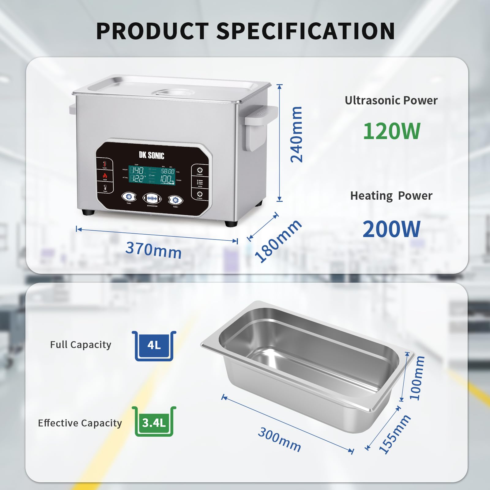 DK SONIC Pulitore a Ultrasuoni Professionale 4L 120W, Vasca Ultrasuoni di Precisione con Controllo Touch intelligente, Cinque Modalità per Occhiali, Catene, Orologi, Monete (Cestello Incluso)