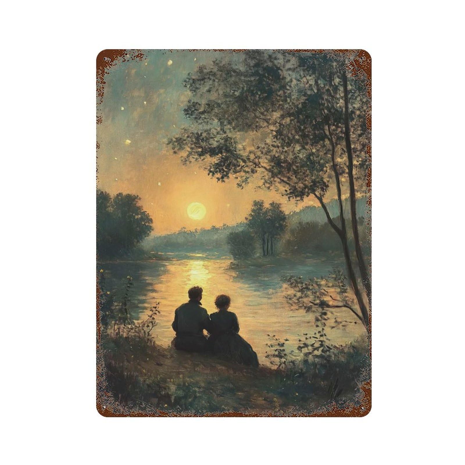 Sunset Romance by The River Aged Metal Wall Plaque 15.7"x11.8", Farmhouse Wall Decor for Office, Studio And Wall Decor