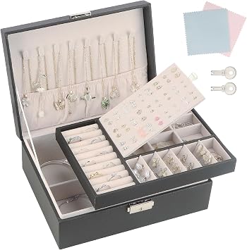 TEIVUL Jewellery Box,2 Layer PU Leather Jewelry Box Organiser with 2 Keys,Suitable for Rings Earrings Necklaces Bracelets Accessories, Jewellery Box Gifts for Women Girls Black
