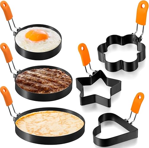 Patelai Juego de 6 anillos profesionales para panqueques, de acero inoxidable, con mango de silicona, para desayuno, tortitas (estilo surtido, 3,