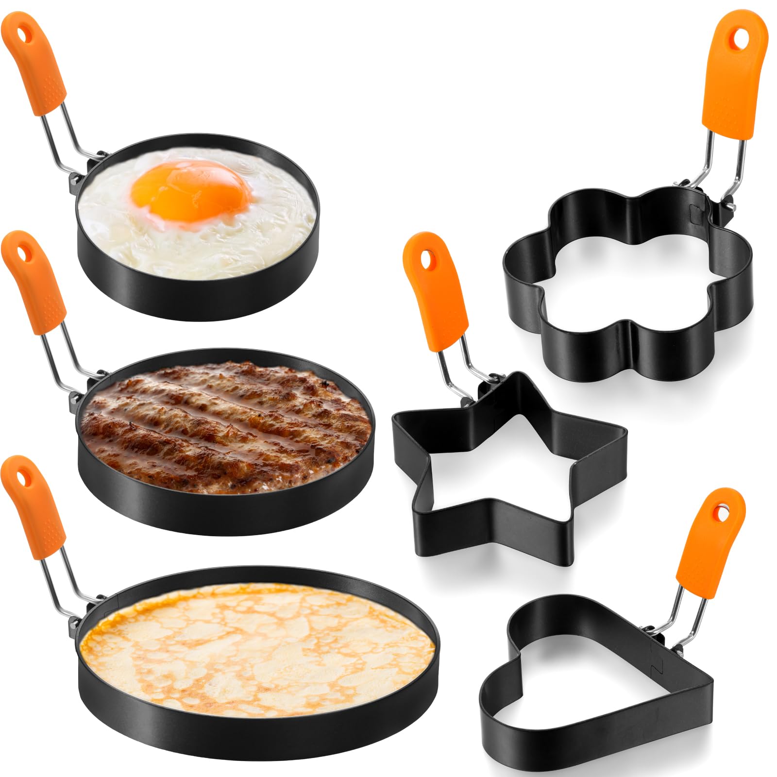 Patelai Professional Egg and Pancake Ring Set - Stainless Steel Griddle Shapers With Silicone Handle for Breakfast, Omelette, Sandwich (Assorted Style, 3, 3.5, 4, 6, 8 Inch)