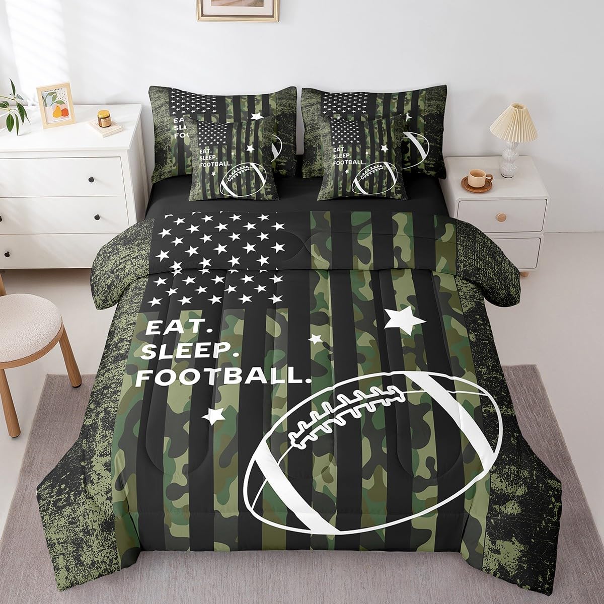 Feelyou Queen Football for Kids Camo American Flag 7 Piece Bedding Set for Boys Girls Rugby Sports Bed Set Includes Comforter, Sheet Set, Pillowcases & Pillow Covers -Super Soft Breathable