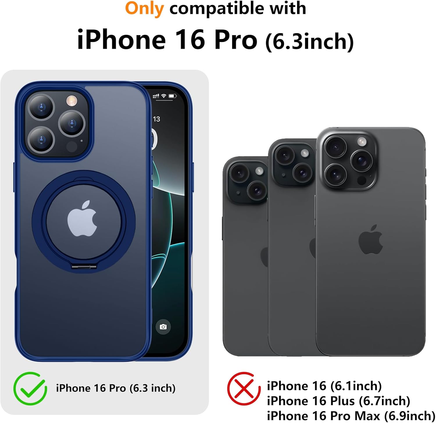 Temdan Designed for iPhone 16 Pro Case, 360°Rotatable Ring Stand Matte Skin Feeling Compatible with MagSafe Military-Grade Protection Magnetic Kickstand Case 6.3 inch -Matte Blue - Image 8