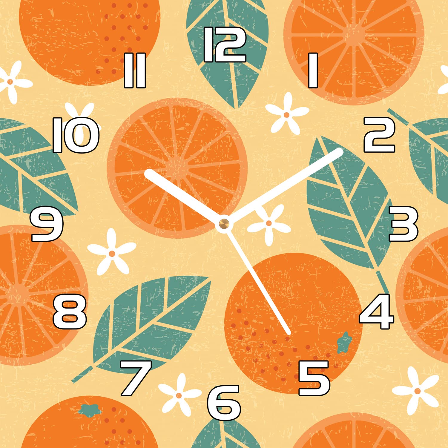Horloge fruits rétro oranges vintage 30x30 cm en verre avec aiguilles blanches de cuisine