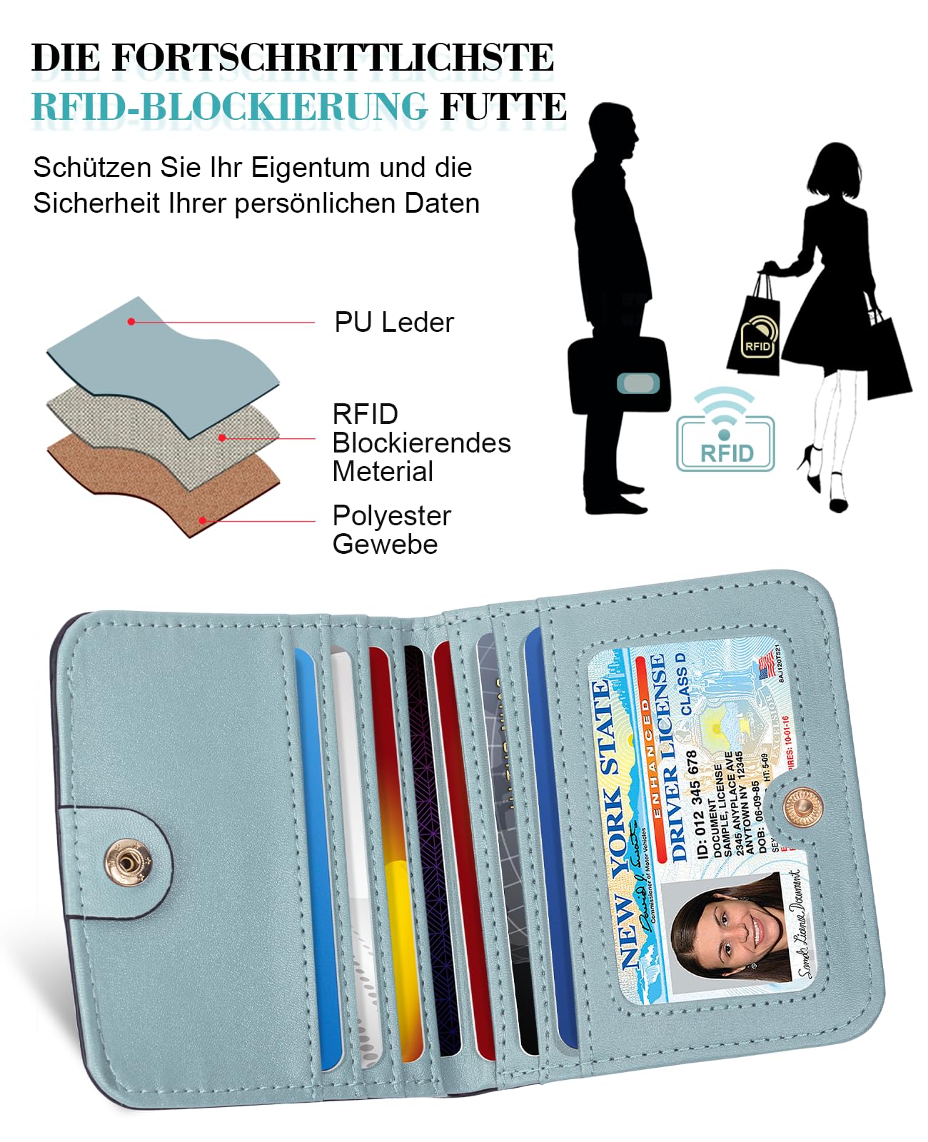 UNOSEKS Portafogli Small Furses for Women RFID Blocking, Slim Wallet Genuine Leather Compact Bi-Fold, 7 Card Wallet with Zipper Coin, Blu