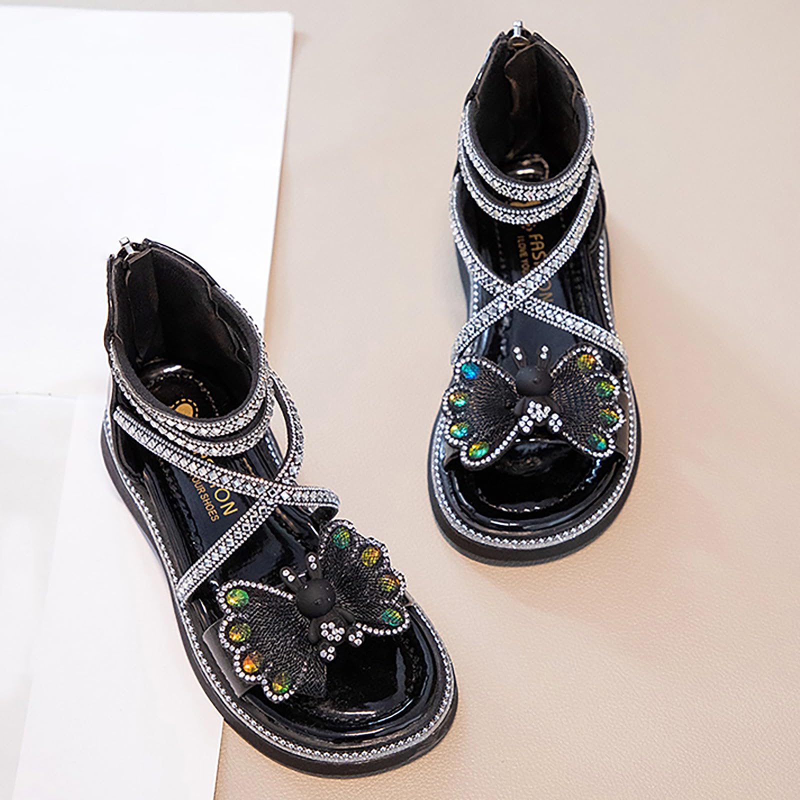 toddler sandal size 9 Butterfly Print Foot Back Zipper Off Roman Sandals Daily Casual Beach Shoes (Black, 3.5 Big Kids)