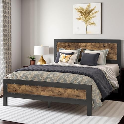 MUTICOR Base de cama Queen con cabecera de madera, marco de cama de plataforma de estilo industrial con decoración de remaches y marco liso gris,