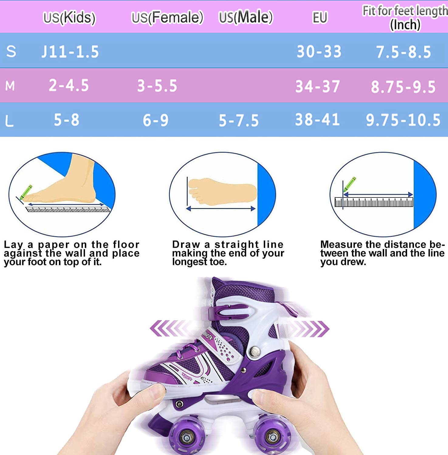 Roller Skates for Kids Adjustable Size Double Roller Skates with All Wheels Light up Fun Illuminating for Girls Boys for Kids Rollerskates for Kids Beginners Purple