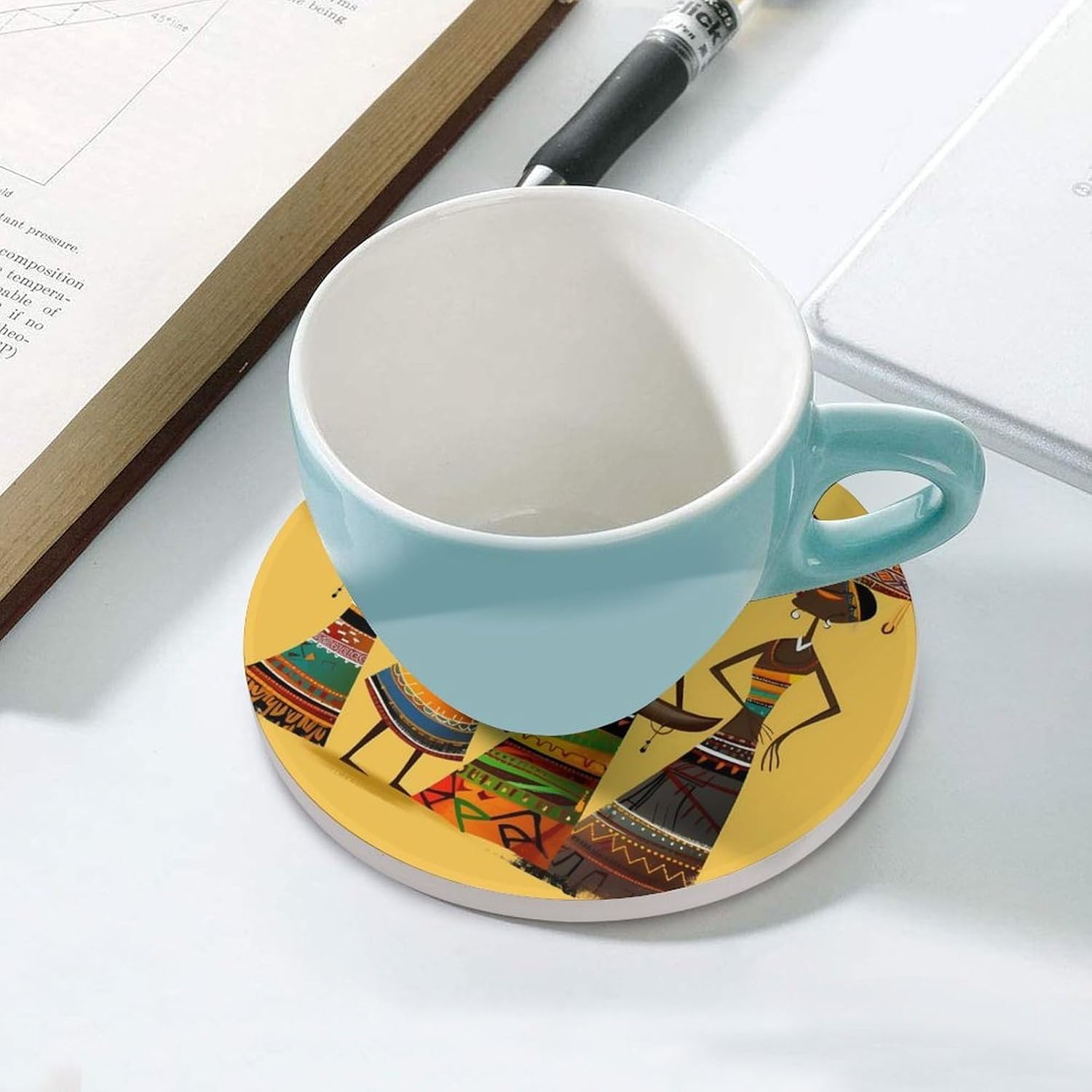 6PCS Creative African Culture Coasters Non-Slip Round Drink Coasters with Ceramic Stone and Cork Base, Heat Resistant Absorbent 33.00Stone Coaster Set for Kinds of Mugs and Cups, 4 Inch