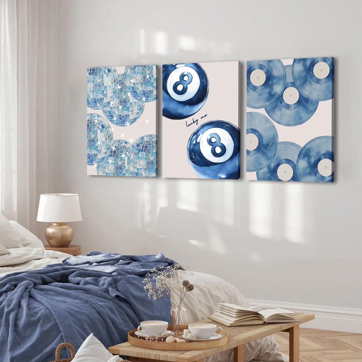 Set di 3 stampe artistiche da parete blu alla moda, motivo coquette, decorazione per la stanza, decorazione estetica per la stanza, blu navy, discoteca, 8 palline, stampa su tela per camera da letto