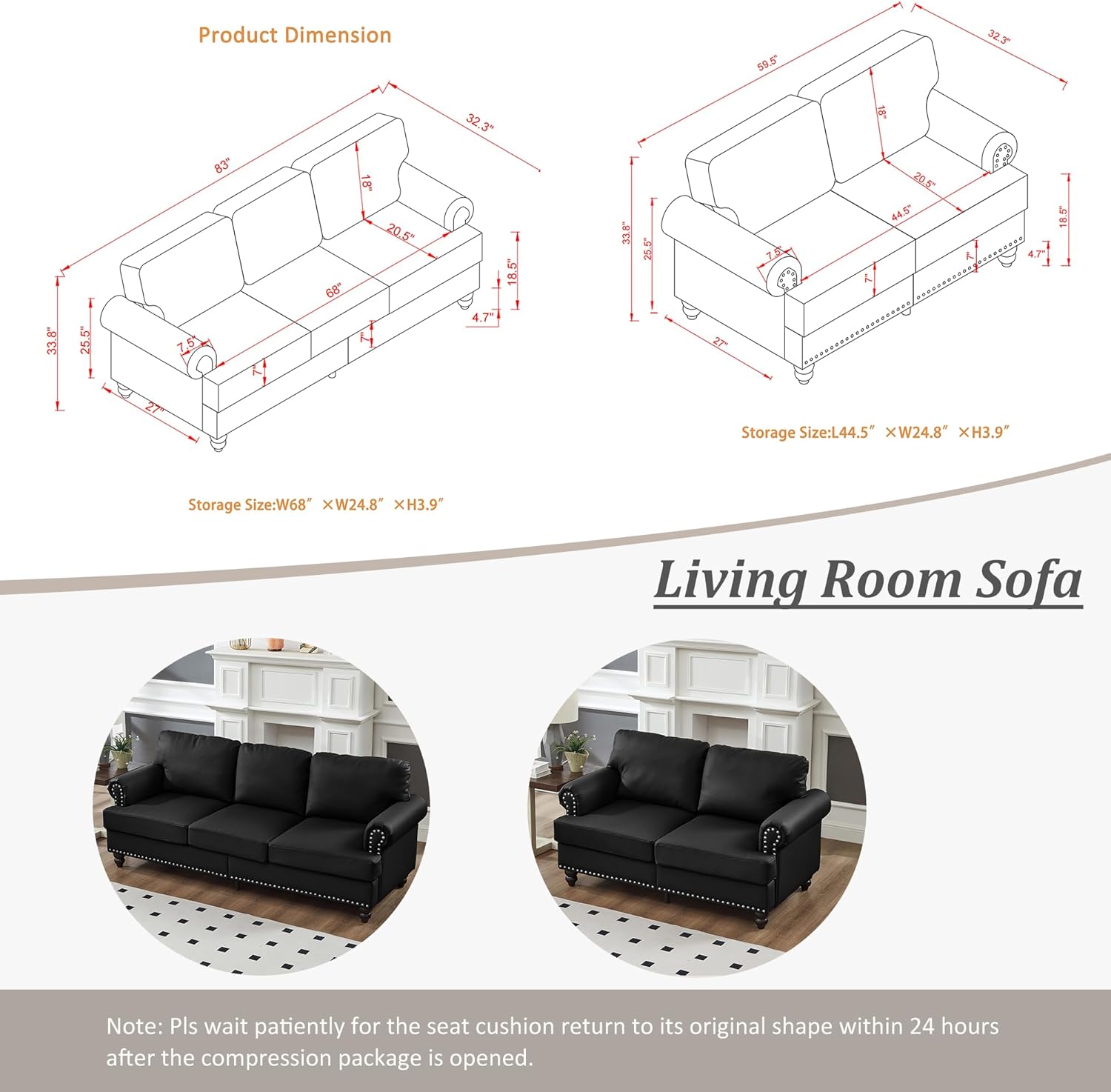 Harper & Bright Designs Classical 3-Seater Sofa with Storage, Silver Nailhead Trim and Wood Legs, 3 Seat Imitation Cowhide Leather Living Room Sofa Couch