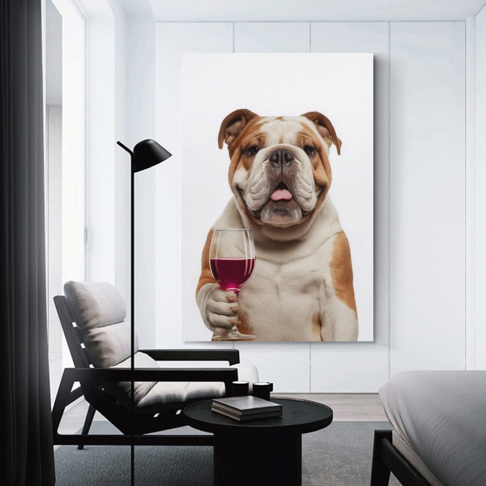 Junmoney Canvas Wall Decor Bulldog with Wine Glass, 24x36inch(60x90cm), for Living Room, Bedroom, Office Or Hallway, Decorative Artwork with Broad Appeal