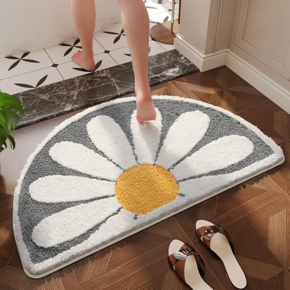 NIOKIT Blue Flower Bathroom Rugs Soft Absorbent Microfiber Half Round Bath Mats Thick Shaggy Floral Semi Circle Entry Rug Non-Slip Cute Daisy Indoor Door Mat for Shower,Bedroom,Living Room 20" x 32"