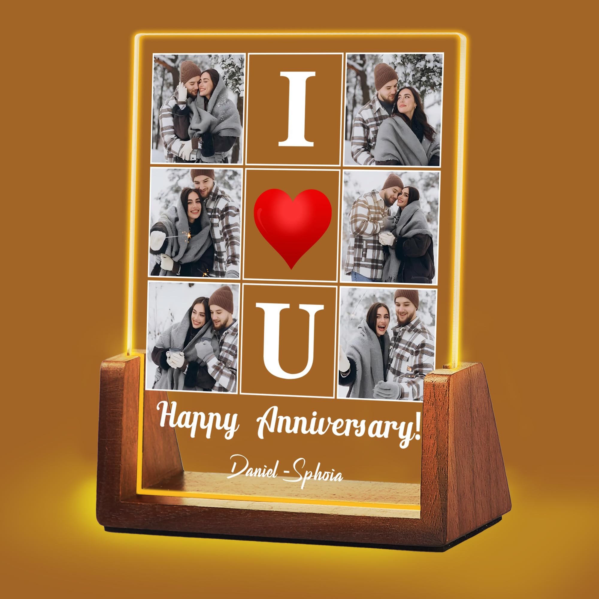 Idiyfun Personalised Christmas Gift for Girlfriend Boyfriend, Customized Acrylic Plaque LED Walnut Photos Frame with Night Light, Valentines Anniversary Birthday Gift for Couple Him Her Wife Husband