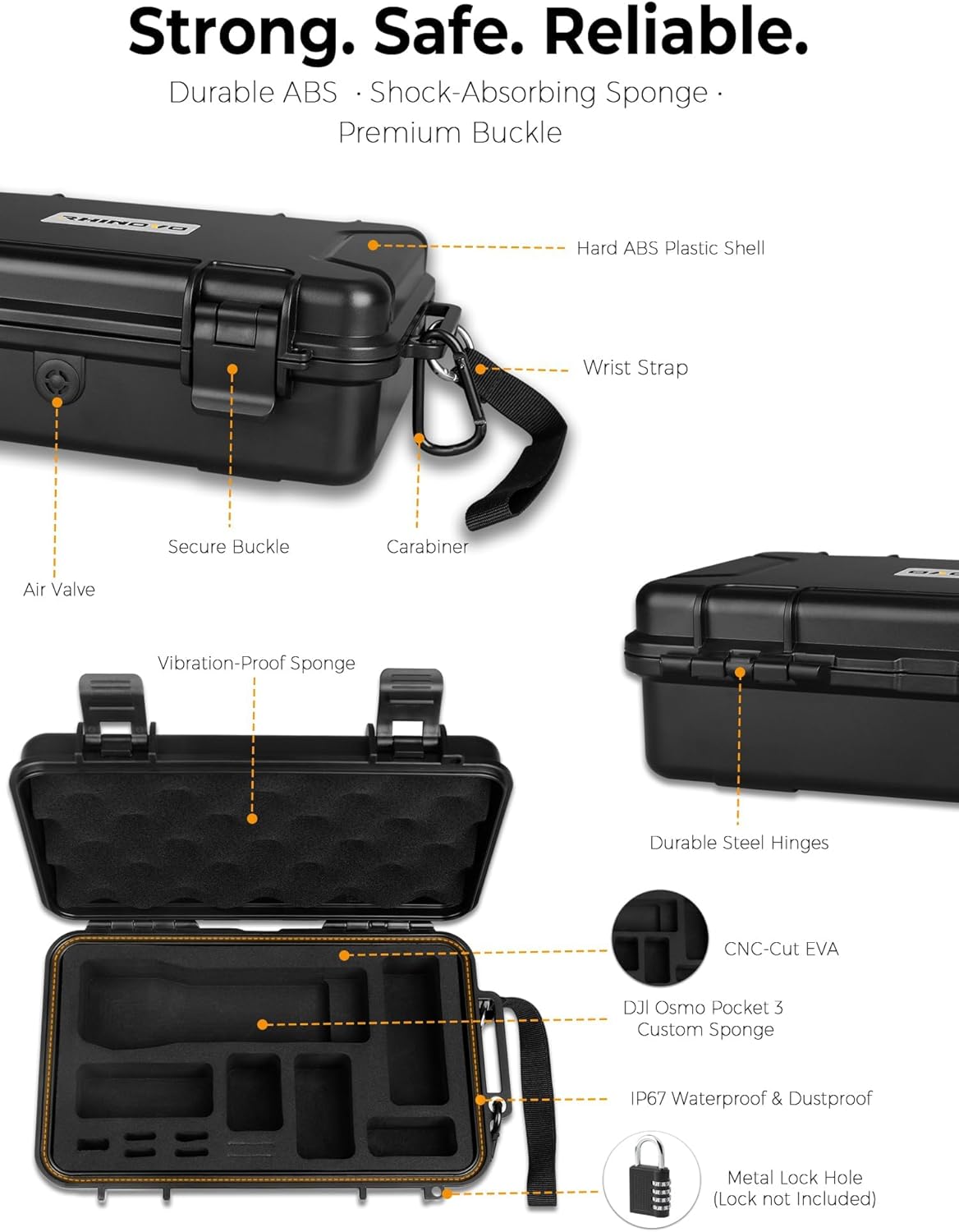 Waterproof Hard Case for DJI Osmo Pocket 3 Creator Combo – IP67 Shockproof ABS Shell, Precision EVA Foam, Travel Carrying Case with Wrist Strap & Carabiner