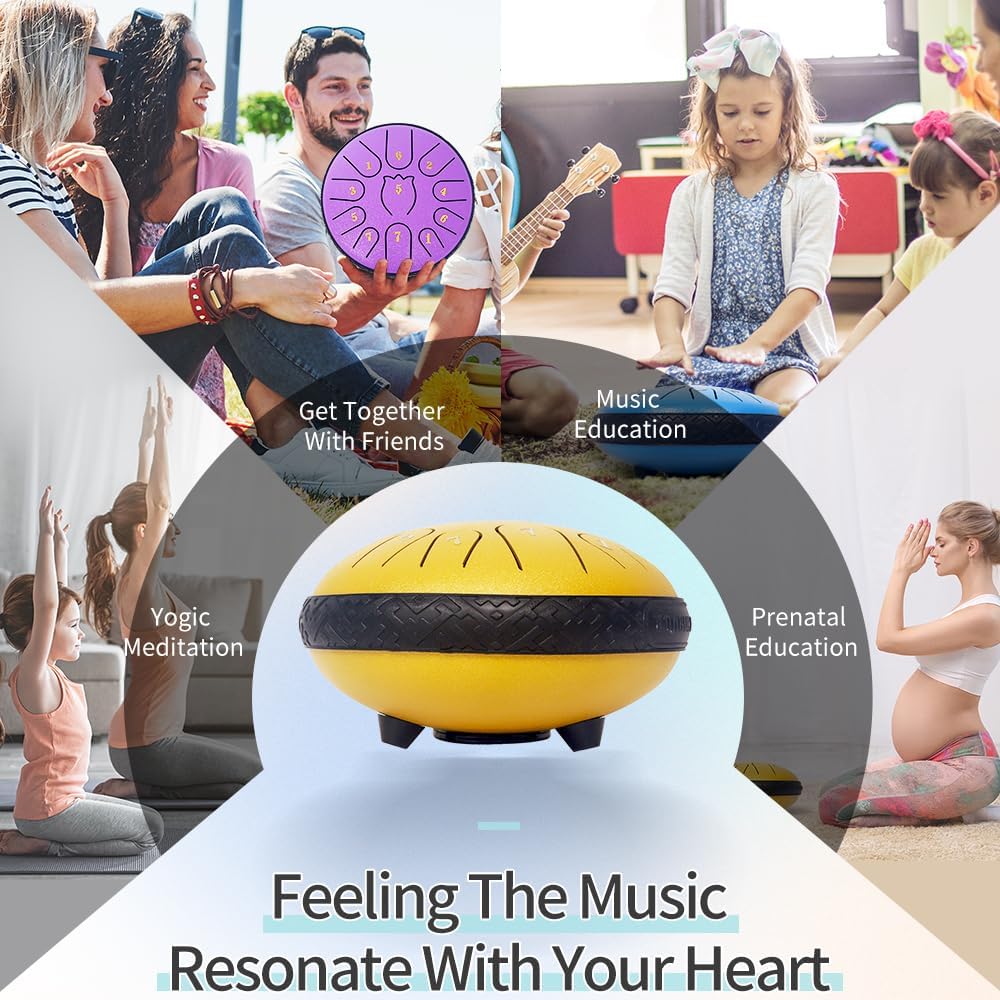 Rain Drum for Outside Garden,Steel Tongue Drum 6 Inche 11 Note Steel Drums Rain Chime,with Soft Bag,Music Book,2 Mallets(Yellow）