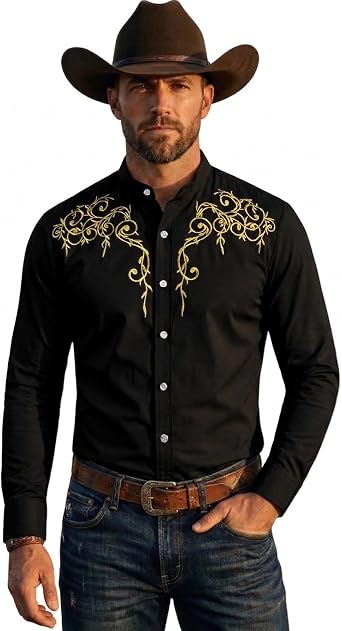 ZEROYAA Mens Western Stylish Band Collar Dress Shirts Embroidery Slim Fit Long Sleeve Mandarin Collar Shirt