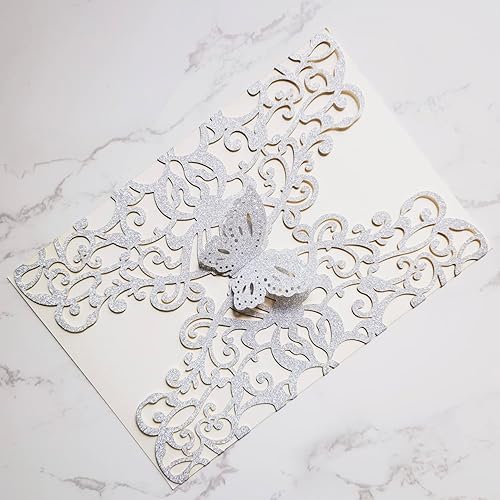Miniatura 5 de 20 tarjetas de invitación de boda de mariposa cortadas con láser plateadas de 5 x 7.3 pulgadas con sobres para quinceañera, despedida de soltera,