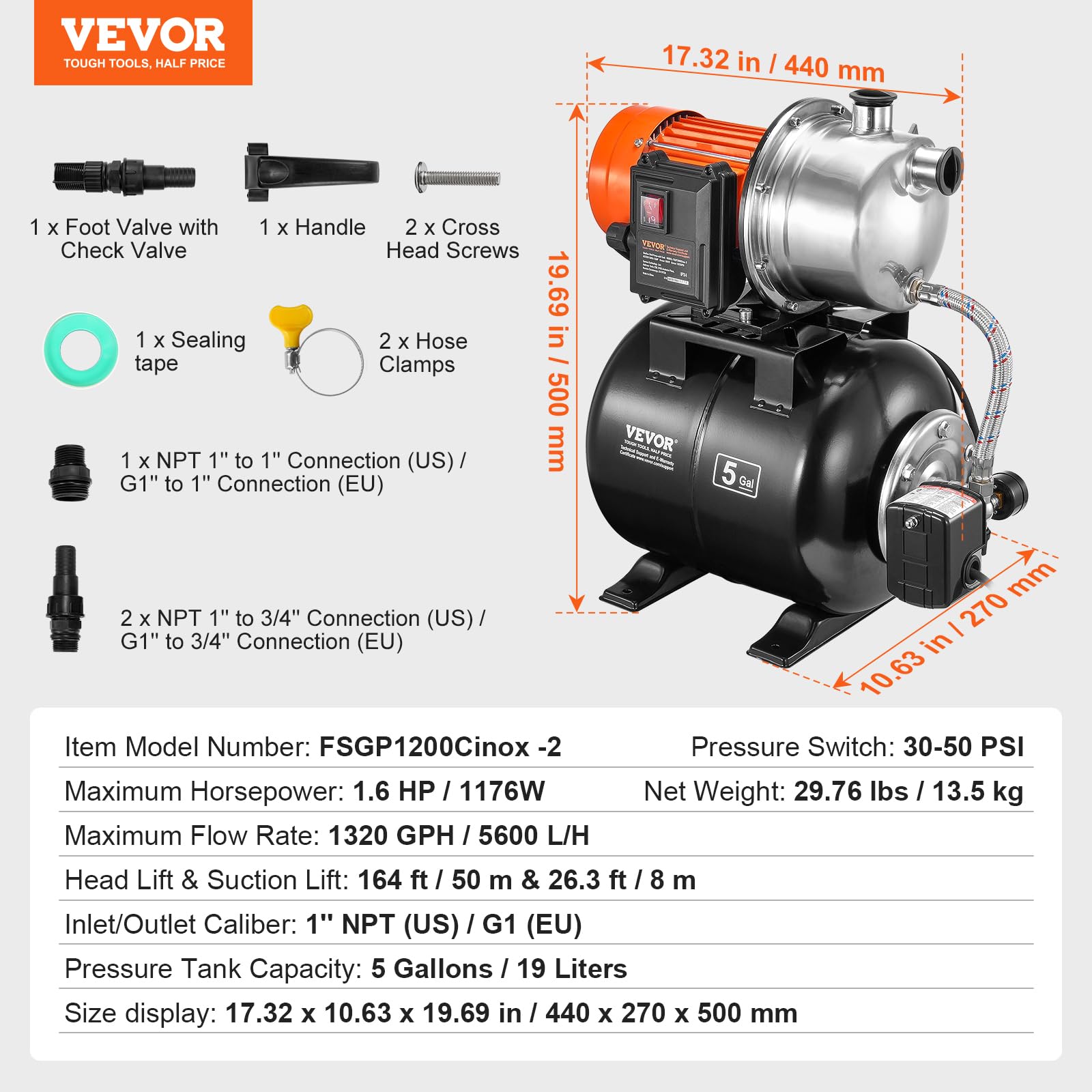 VEVOR Bomba para Pozos Poco Profundos de 1176 W 5600 L/H Con Tanque de Presión de 19 L - Refuerzo de Agua de Riego Automática Con Cabezal de Acero Inoxidable para Césped de Jardín