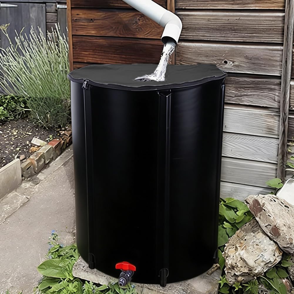Barril de lluvia plegable con espigas y desbordamiento, tanque de recogida de agua de lluvia de 380 L para jardín al aire libre, solución de almacenamiento de agua para canalón
