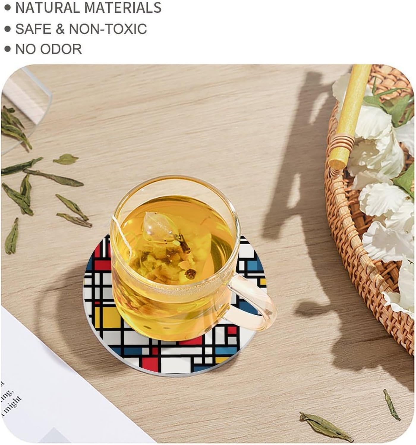 Mondrian Style Round Ceramic Coasters Print Drinks Absorbent with Cork Base for Home Decor Gifts 4 Inch
