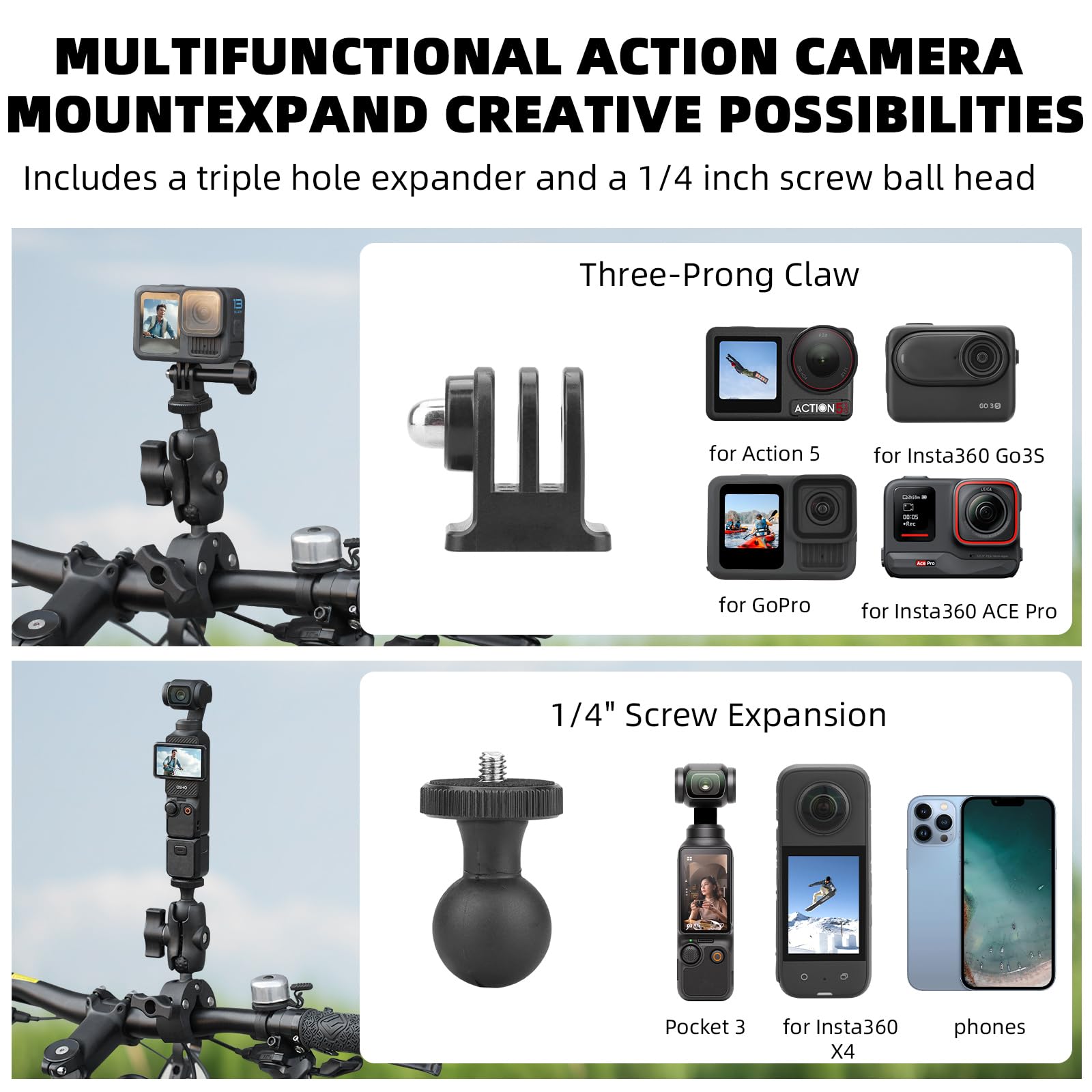 BRDRC Uchwyt motocyklowy do Insta 360 X4 X5, uchwyty zaciskowe na kierownicę rowerową, 150 cm, niewidoczny zestaw do selfie Stick do Insta360 X5 X4 X3 X2 X ONE, DJI OSMO 360, akcesoria do aparatu