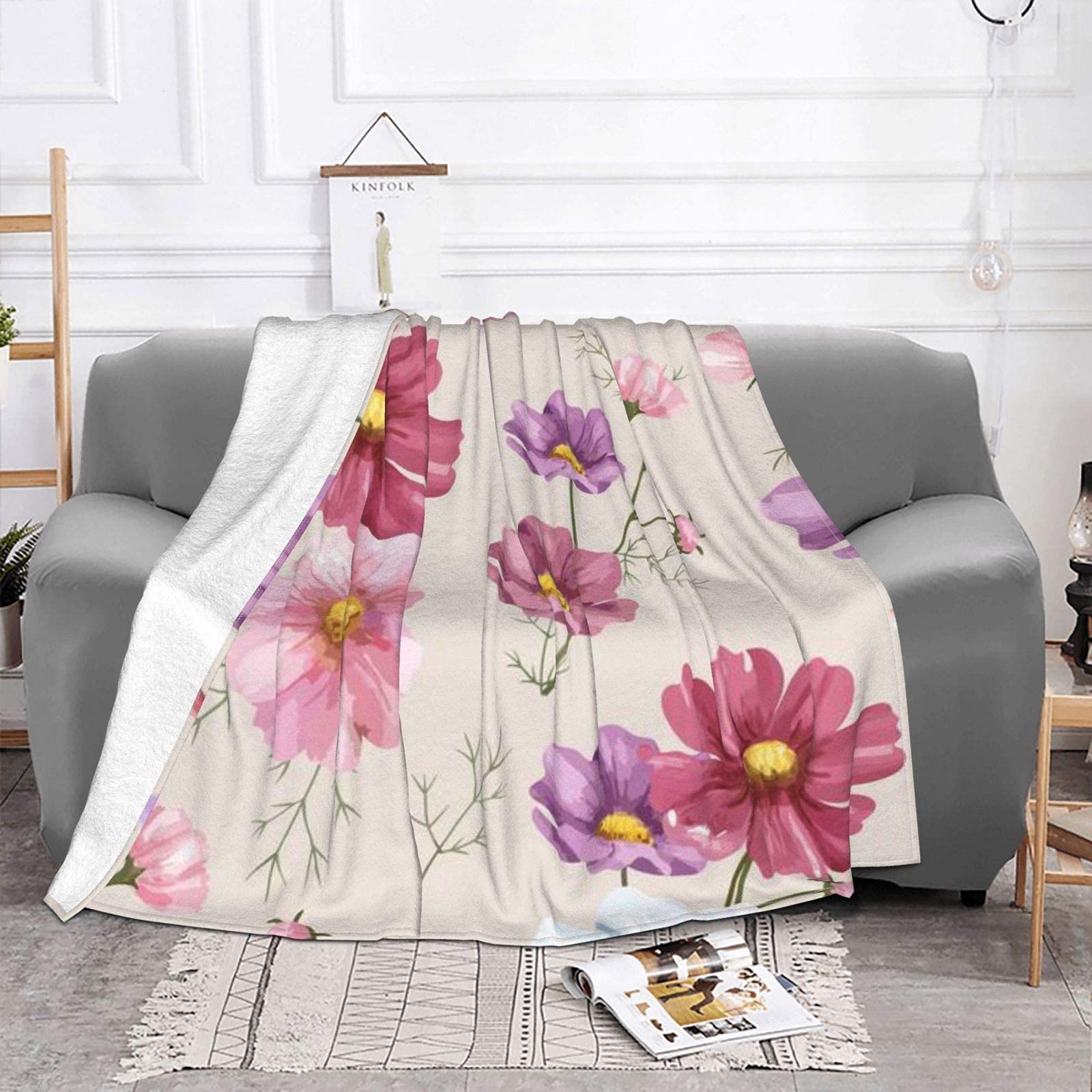 Decke, handgezeichnetes Kosmos-Blumenmuster, warmes Flanell-Fleece, Plüsch, weiche Sofa-Überwurfdecke als Bettdecke/Bettlaken, 150 x 200 cm