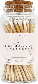 Apothecary Wooden Matches in a Jar with Striker | Decorative Matches for Candles | Long Matches for Candles in Apothecary Glass Jar | Approx. 80 Safety Matches for Home Decor & Bathroom 1 Jar