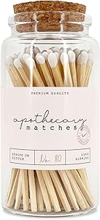 Apothecary Wooden Matches in a Jar with Striker | Decorative Matches for Candles | Long Matches for Candles in Apothecary Glass Jar | Approx. 80 Safety Matches for Home Decor & Bathroom (1 Jar)
