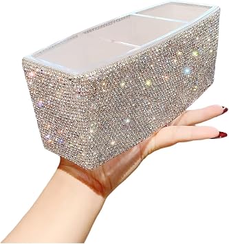 Luxury Bling Triple-Compartment Acrylic Makeup Brush Pen Holder Creative and Stylish Desk Organizer Storage Box for Eyebrow Pencils, Lipsticks Silver