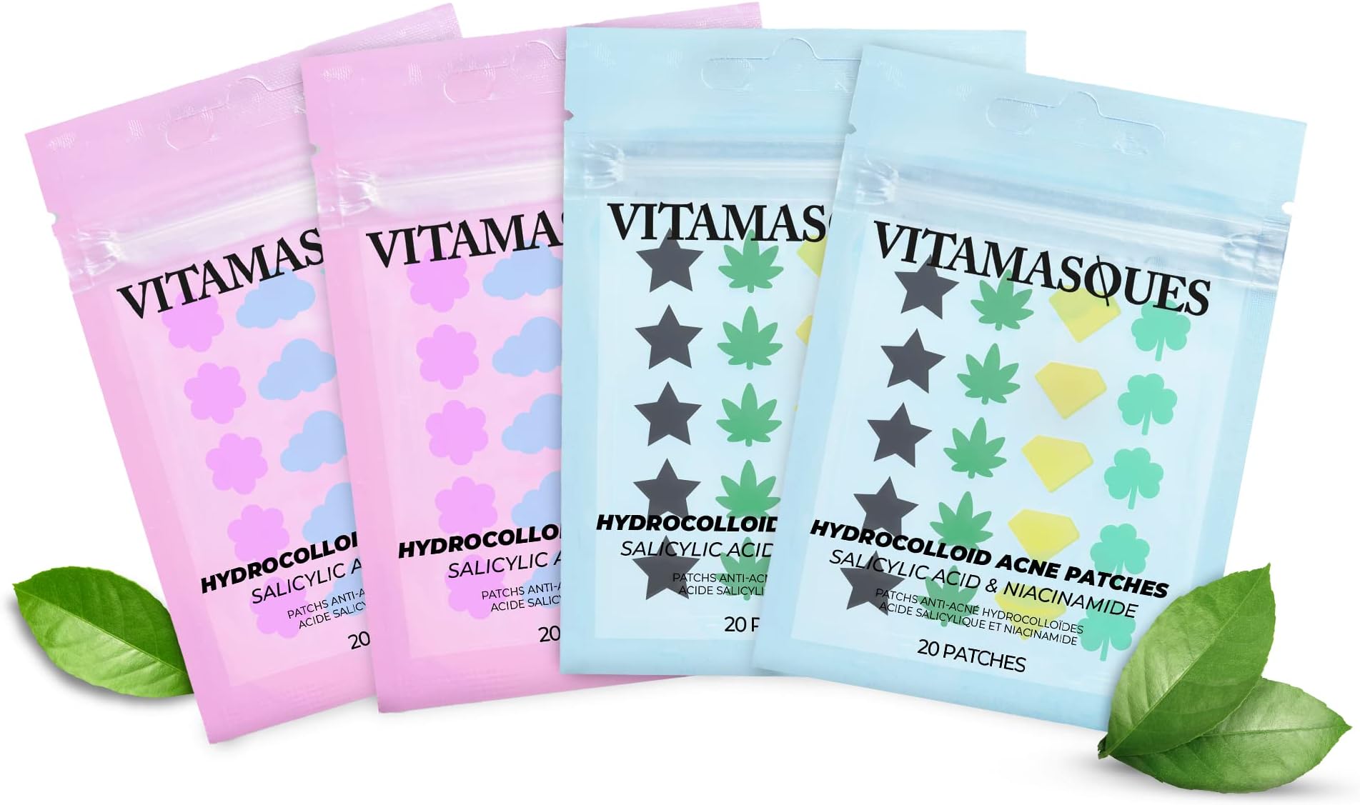 Vitamasques Acne Patch Face Mask Set, 4-Pack - Hydrocolloid Patches 80 Count (Salicylic & Tea Tree, Salicylic & Niacinamide) - Reduce Oil Build-Up for Blackheads
