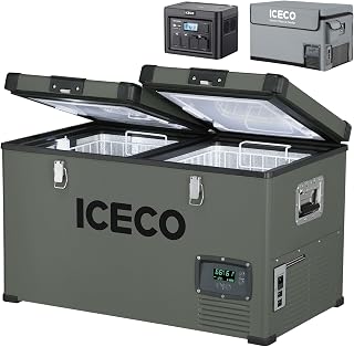 ICECO VL60 63Qt Portable Refrigerator, Dual Zone 12V Refrigerator with SECOP, 0-50℉,12/24VDC&110-240VAC, Car Refrigerator Car Fridge Freezer for Outdoor | with PB1000 1075Wh Portable Power Station