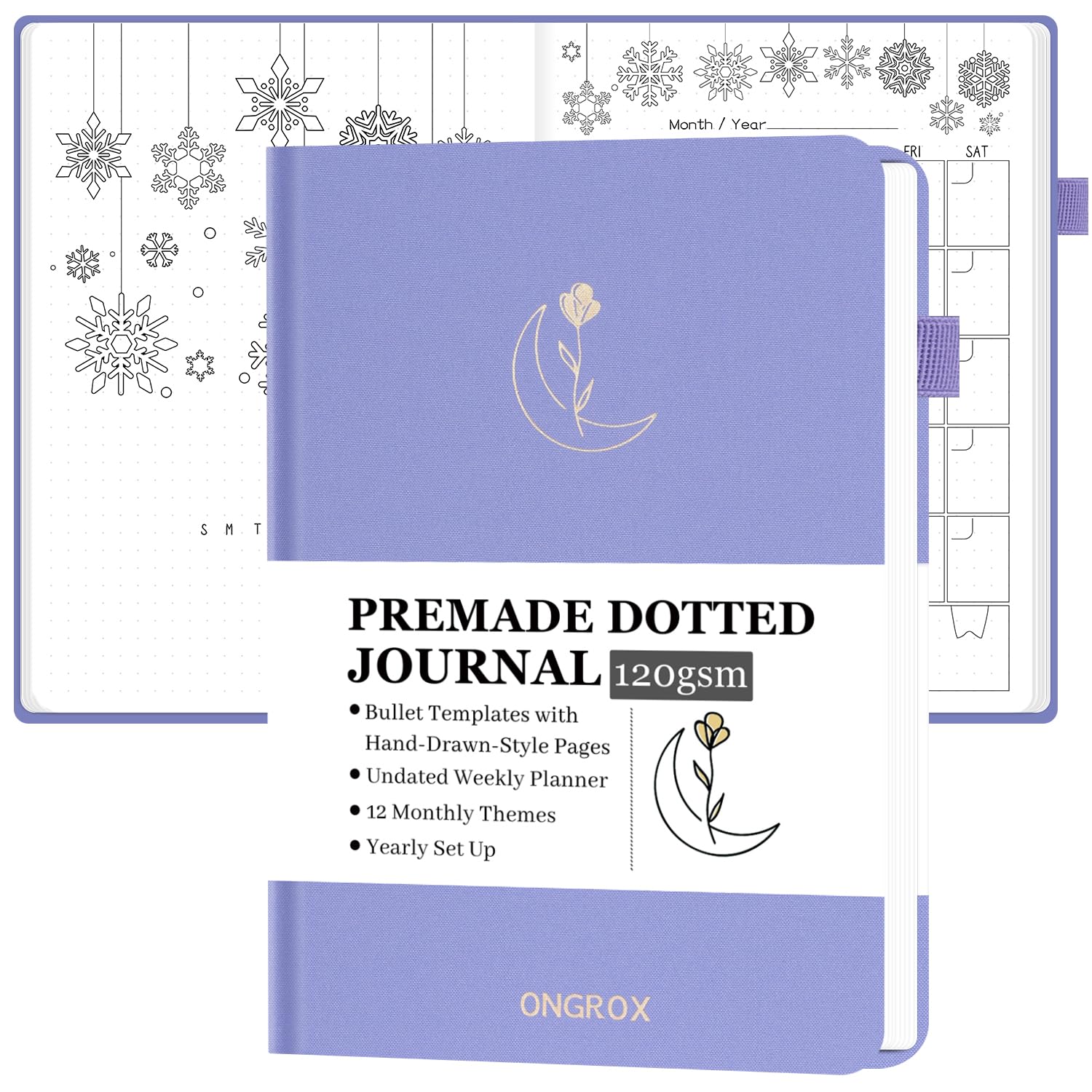 ONGROX Premade Bullet Style Notebook with Hand-Drawn Pages, Dotted Journal with Unique Pre-Made Bullet Templates, Undated Planner with Weekly Spreads & Monthly Themes, 12 Months, A5 Linen Hardcover