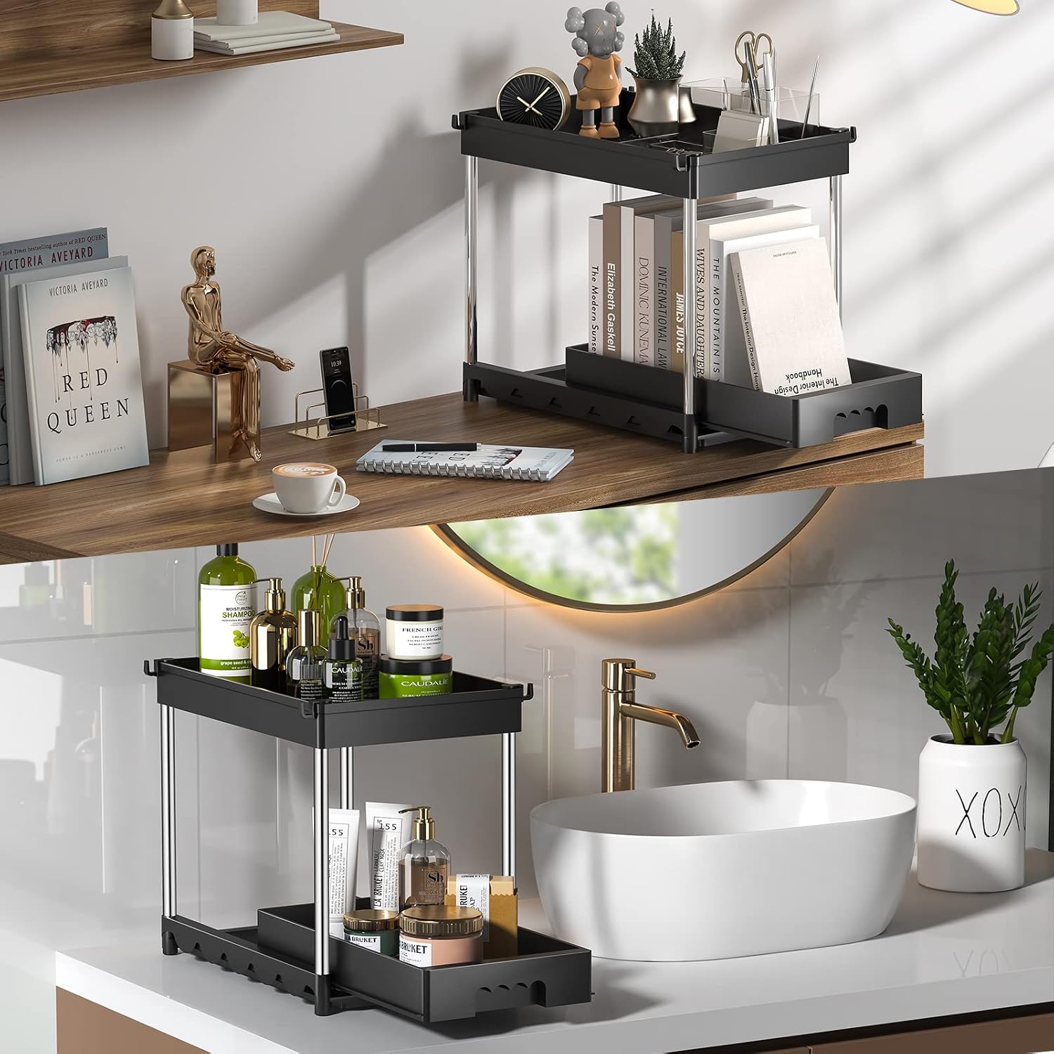 2 Pack Under Sink Organizers and Storage with Sliding Drawer, DUSASA Tier Bathroom The Hooks Multi-Usage for Kitchen & Cabinet Black, Black 2-PACK-Pull Out