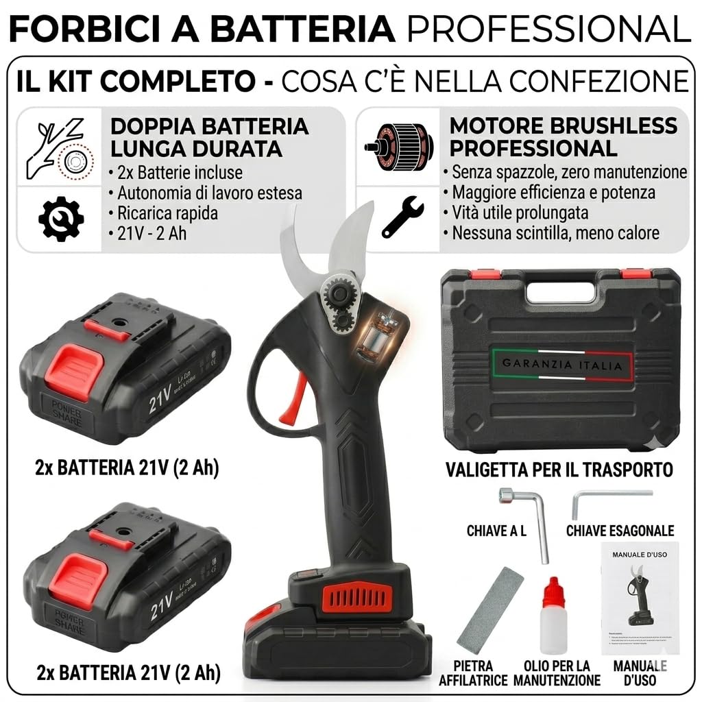 P1 Forbici Potatura a Batteria 21V Professionali, Cesoie Elettriche con 2 Batterie al Litio 2.0Ah - Diametro Taglio 30mm - Motore Brushless, Valigetta Inclusa - Per Giardino, Uliveto e Frutteto