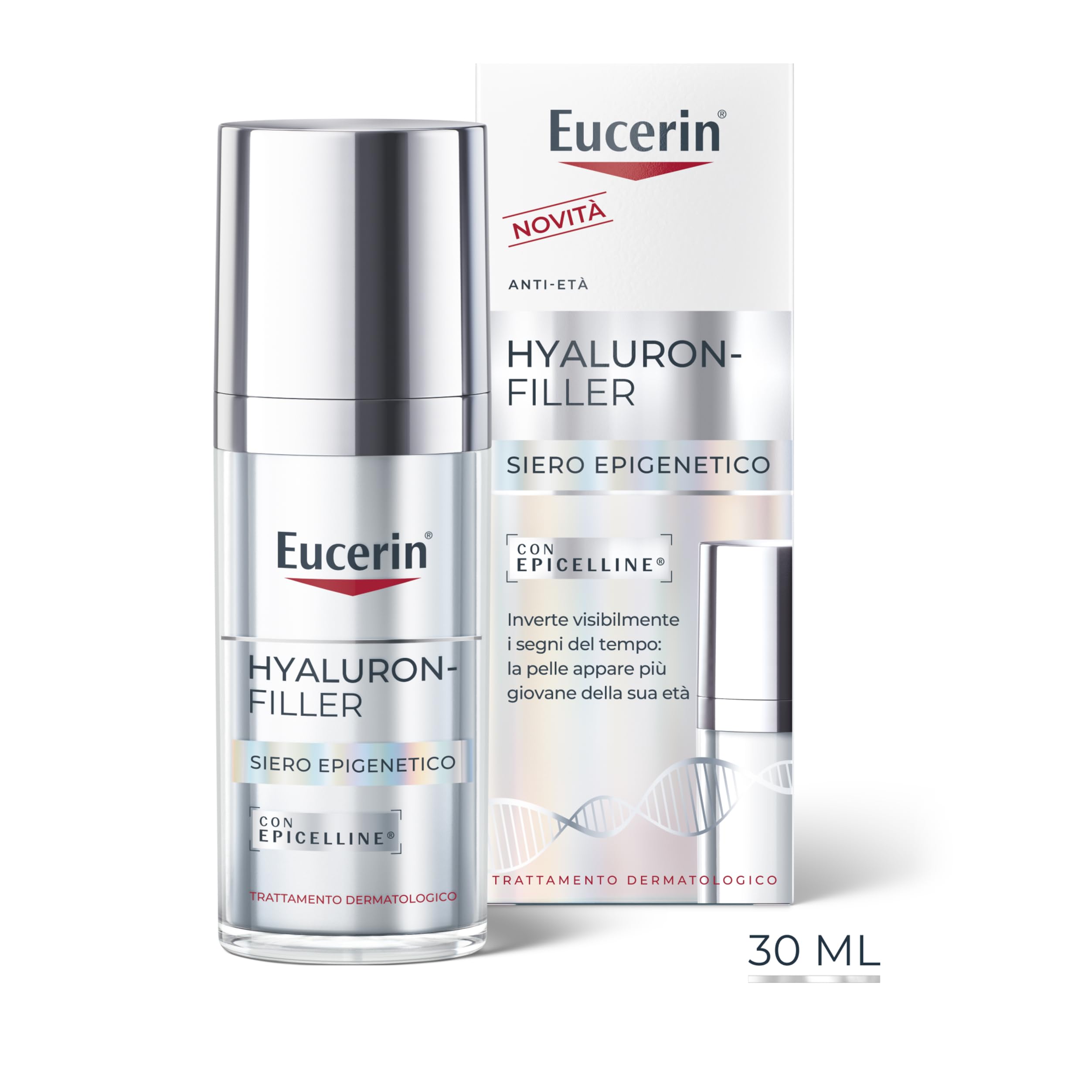 Eucerin Hyaluron-Filler Epigenetic Serum 30 ml, Siero viso antirughe che corregge visibilmente i 10 segni dell'età della pelle, Siero viso Acido Ialuronico ed Epicelline per un effetto lifting