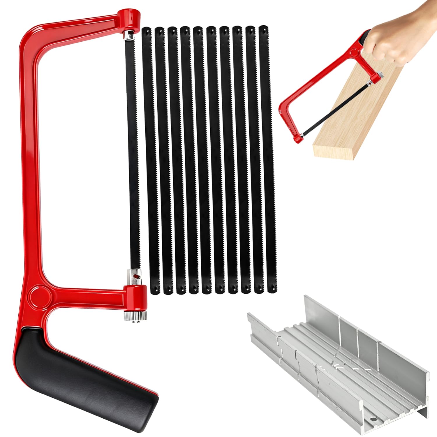 Juego de Segueta para Metal de 12 Piezas con Caja de Ingletes, Sierra de Mano Ajustable y 10 Hojas Bimetálicas para Corte de PVC y Azulejos